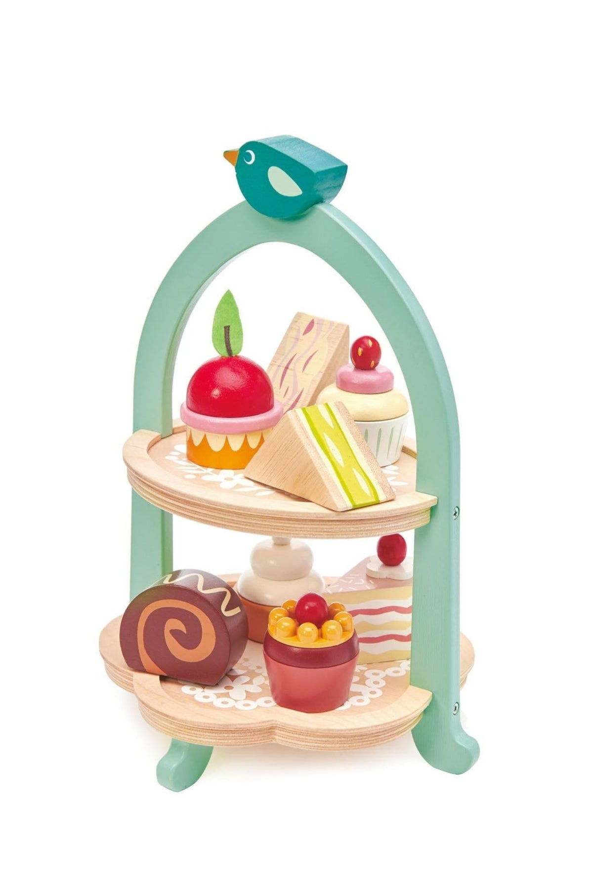 A colorful wooden tea stand features a playful blue bird on top, displaying various toy pastries and sweets, including a cupcake, chocolate roll, and fruit tart, ideal for imaginative play.
