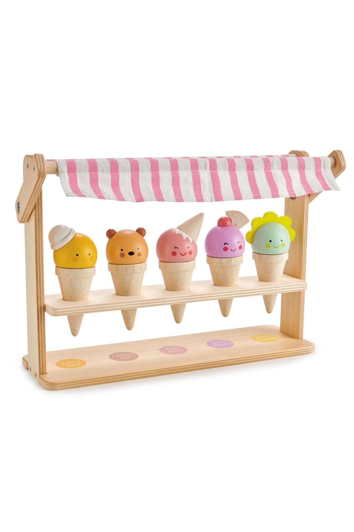 A wooden ice cream shop display featuring five colorful ice cream cones with friendly faces, made from sustainable materials.