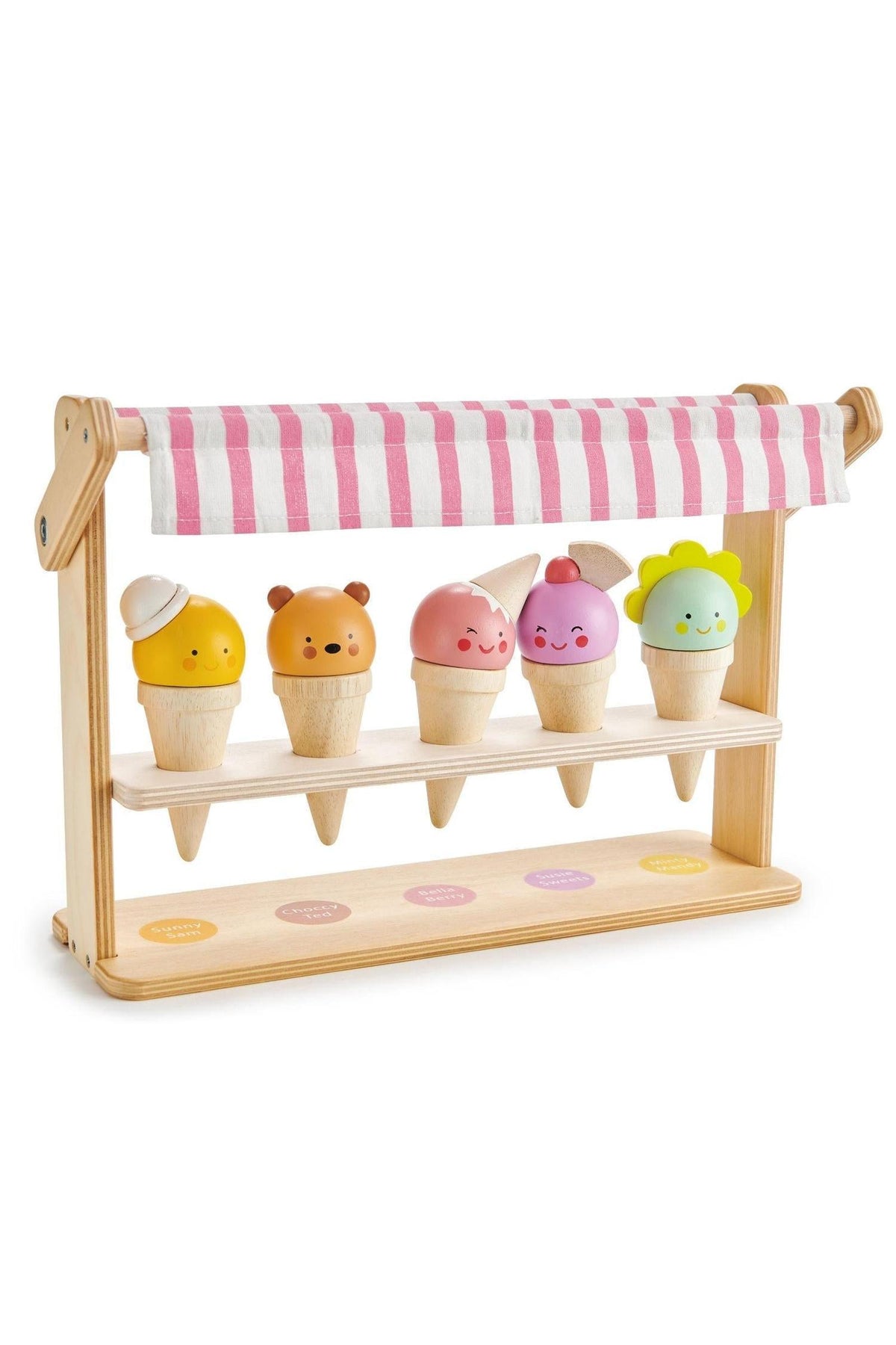Colorful wooden ice cream shop featuring five cheerful cones with faces, crafted from sustainable materials for imaginative play.