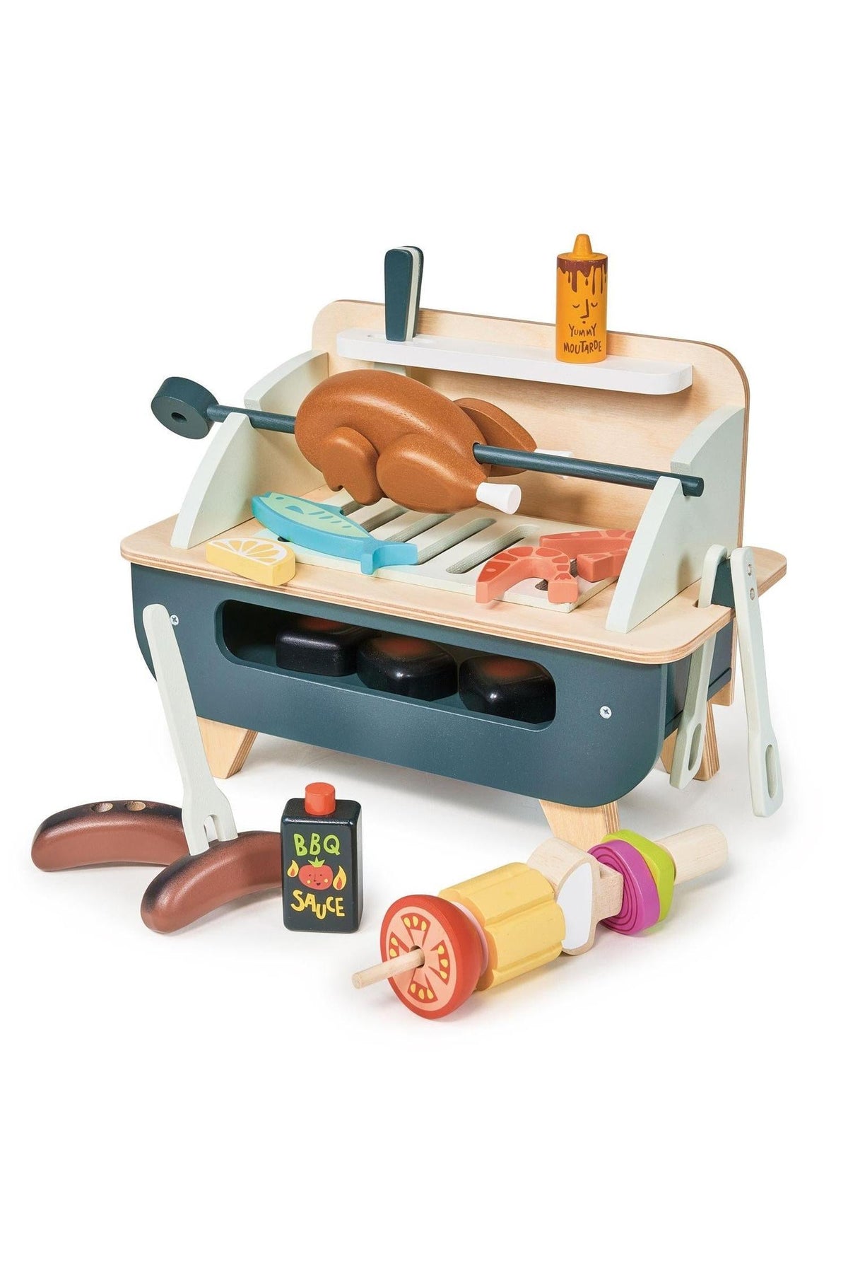 A colorful wooden barbeque play set by Tender Leaf Toys features a removable grill, various pretend food items, and utensils, all designed for imaginative play and safe for children.