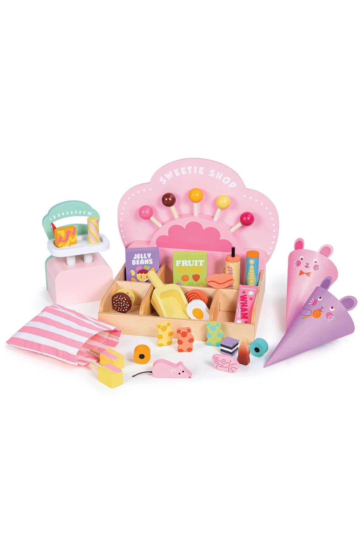 A colorful wooden toy sweet shop set featuring a pink display with compartments filled with assorted candies and treats. The playful design encourages imaginative role play for young children.