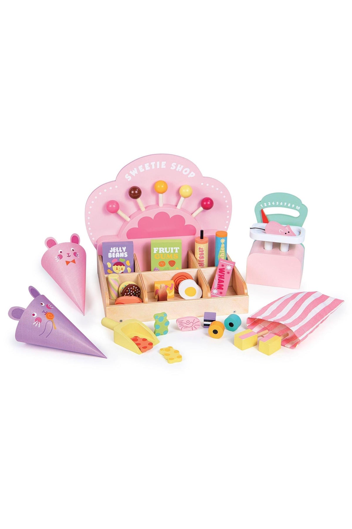 A colorful wooden toy sweet shop set featuring various candies, gummies, and lollipops, alongside playful accessories like an ice cream cone and a scale, all designed for imaginative play.