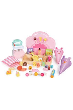 Colorful wooden toy set featuring a retro-style Sweetie Pic’n’Mix Shop with compartments filled with assorted candies, gummies, and lollipops. Ideal for imaginative play in children aged three and up.
