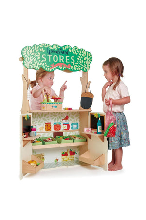 Two children play with the Tender Leaf Wooden Toys Woodland Stores set, featuring colorful shelves and accessories.