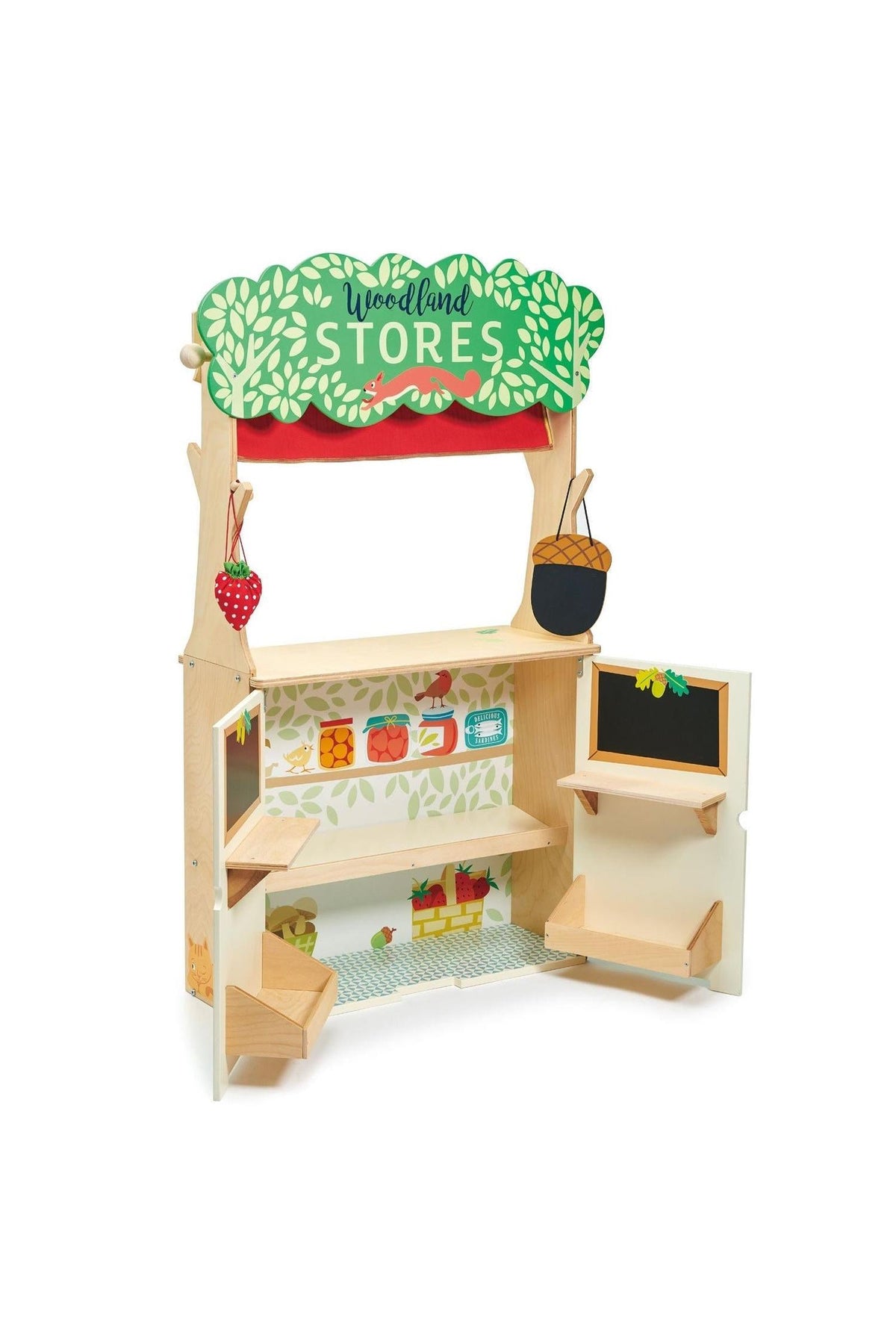 Tender Leaf Wooden Toys Woodland Stores playset with green sign, wooden shelves, and decorative fruit details.