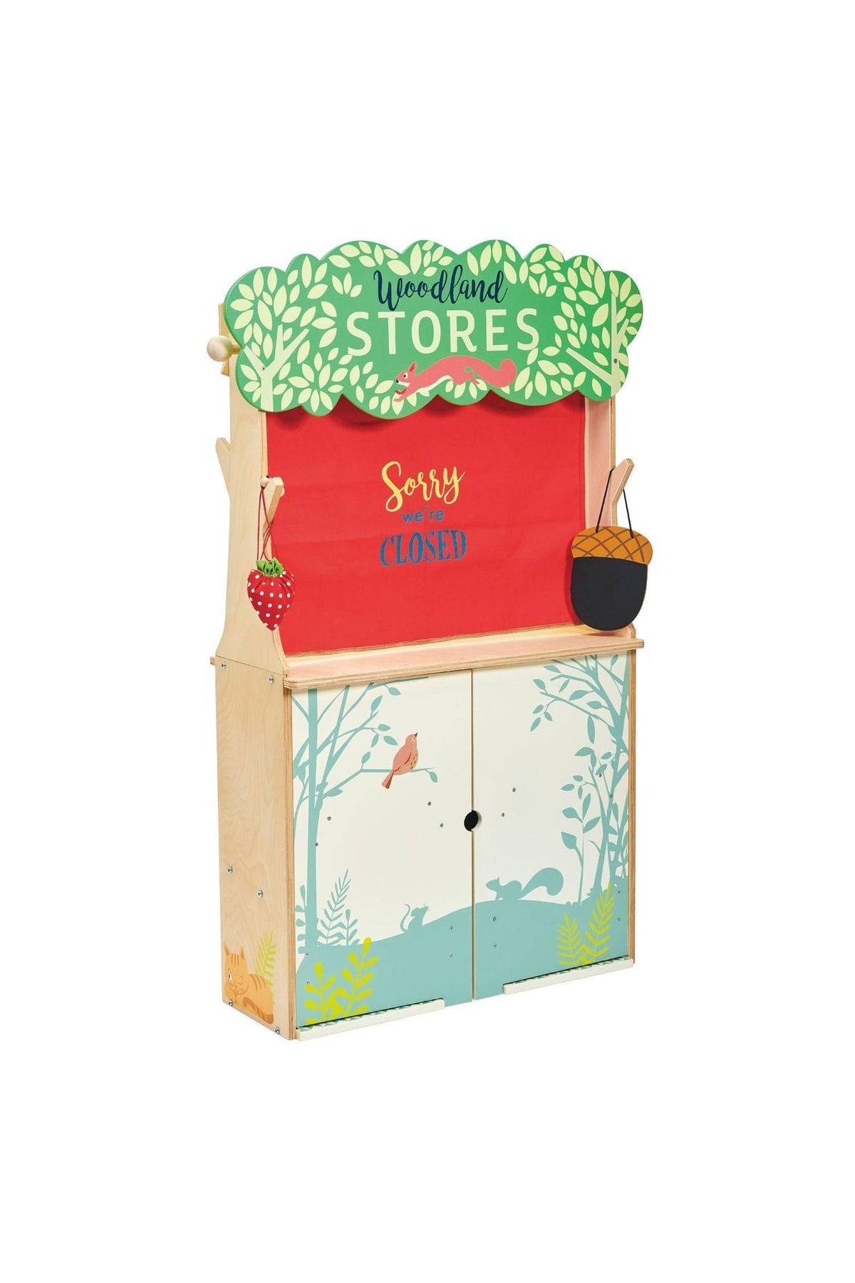 Tender Leaf Wooden Toys Woodland Stores playset with a Sorry were closed sign, featuring nature-themed illustrations.