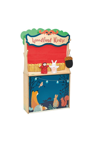 Woodland Theatre playset with colorful animal illustrations, red curtain, and hand puppets on a wooden frame.