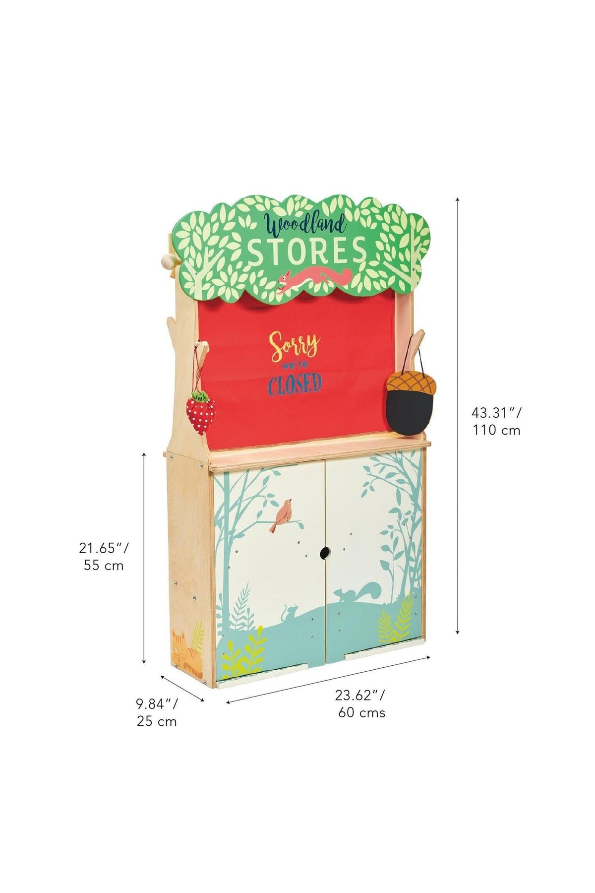 Tender Leaf Wooden Toys Woodland Stores features a colorful shopfront with Sorry were closed sign and nature illustrations.