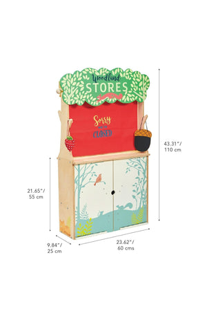Tender Leaf Wooden Toys Woodland Stores features a colorful shopfront with Sorry were closed sign and nature illustrations.