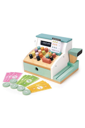 Wooden cash register toy with colorful buttons, a receipt, and play money in pink, green, and yellow.