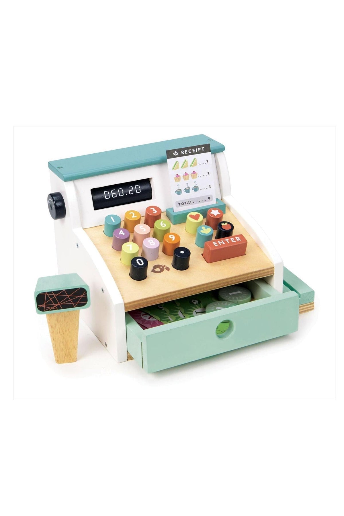 Wooden toy cash register with colorful buttons, receipt, and open drawer displaying play money. Sustainable, eco-friendly design.