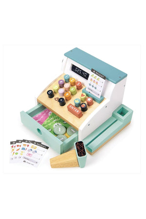 Colorful wooden cash register toy with numbered buttons, receipts, and a cash drawer, designed for childrens pretend play.