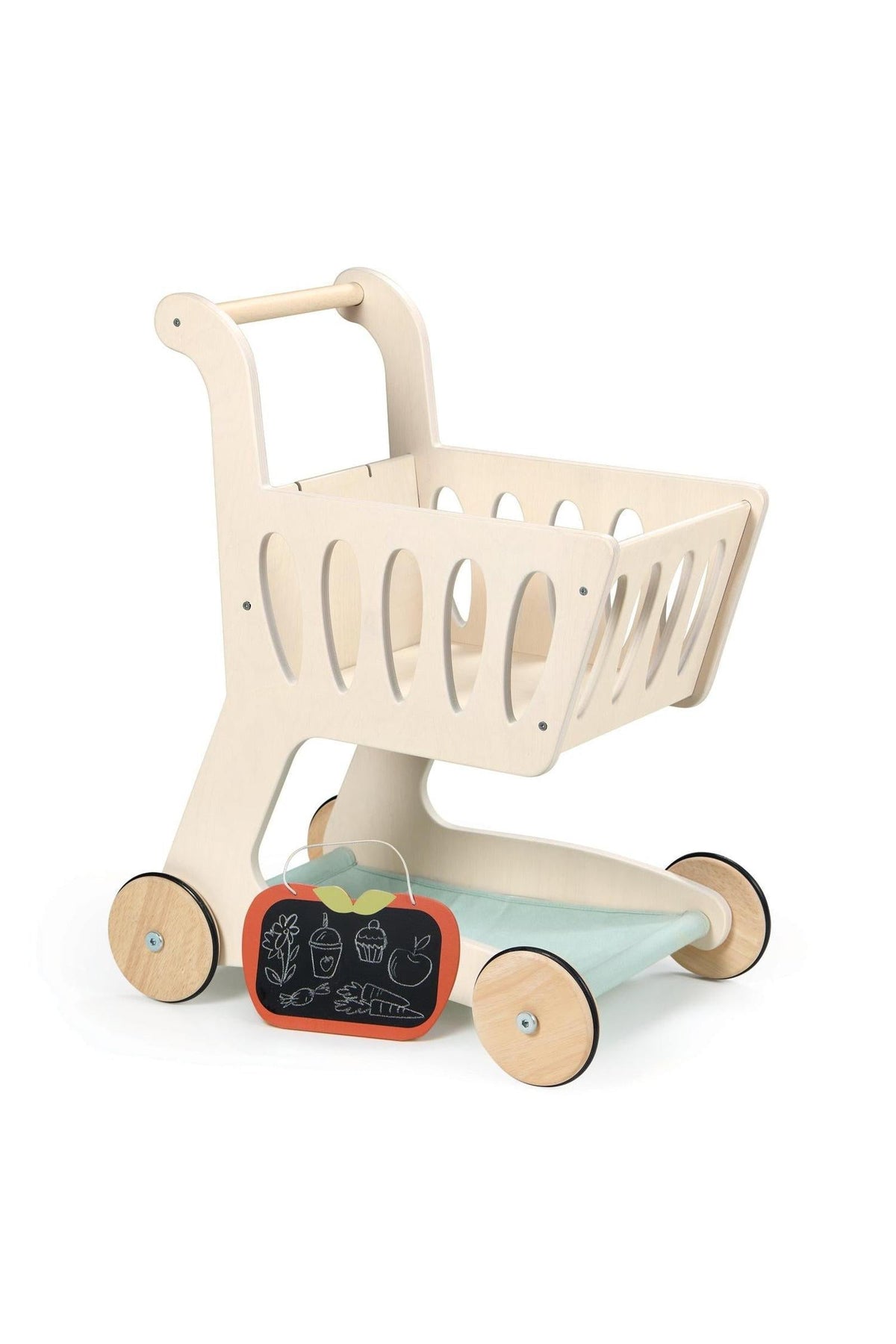 A light wooden shopping cart with a fabric base and apple-shaped chalkboard, designed for children’s imaginative play.