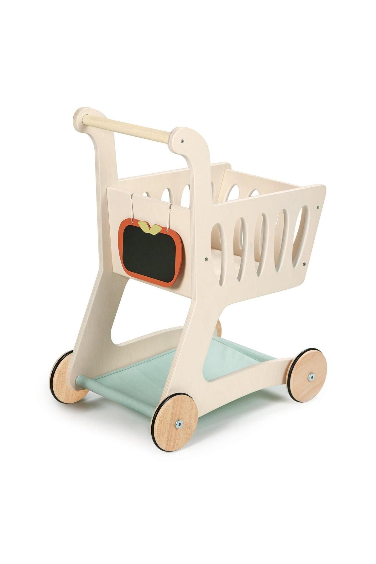 A light wooden shopping cart features a fabric base and an apple-shaped chalkboard for notes, ideal for imaginative play.