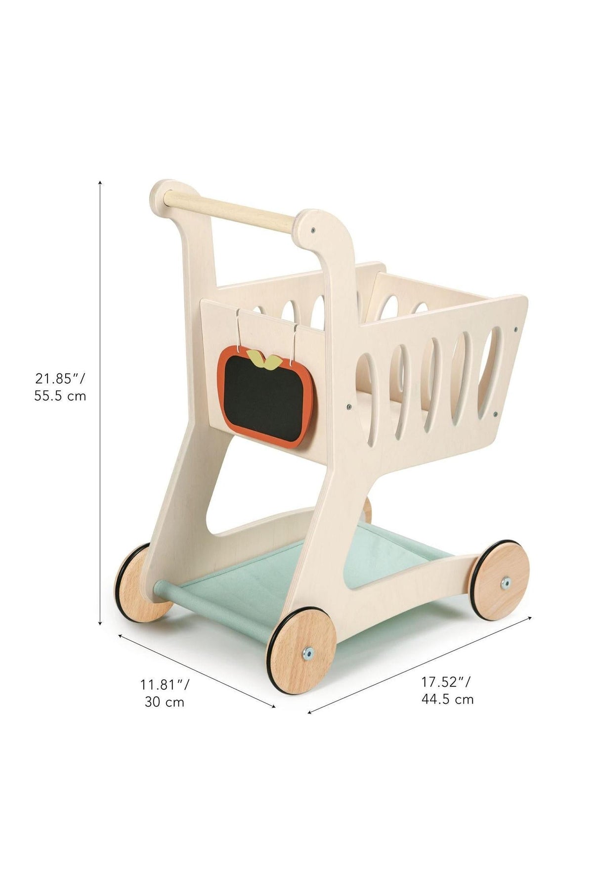 A wooden shopping cart with a natural finish, featuring a fabric base, apple-shaped chalkboard, and smooth wheels for easy movement.