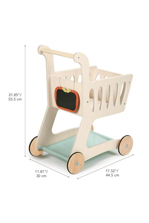 A wooden shopping cart with a natural finish, featuring a fabric base, apple-shaped chalkboard, and smooth wheels for easy movement.