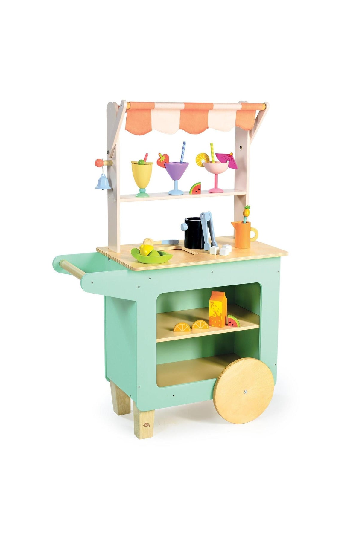 A pastel green wooden drinks trolley with colorful mocktails, fruit slices, and a striped awning on wheels.