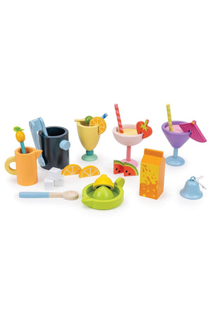 Colorful wooden toy drink set with glasses, fruit slices, and straws, featuring bright colors and playful designs.