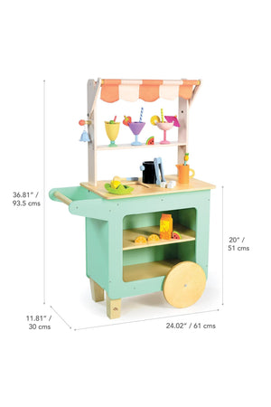 Colorful wooden drinks trolley with a striped fabric awning, displaying toy drinks and accessories on shelves.