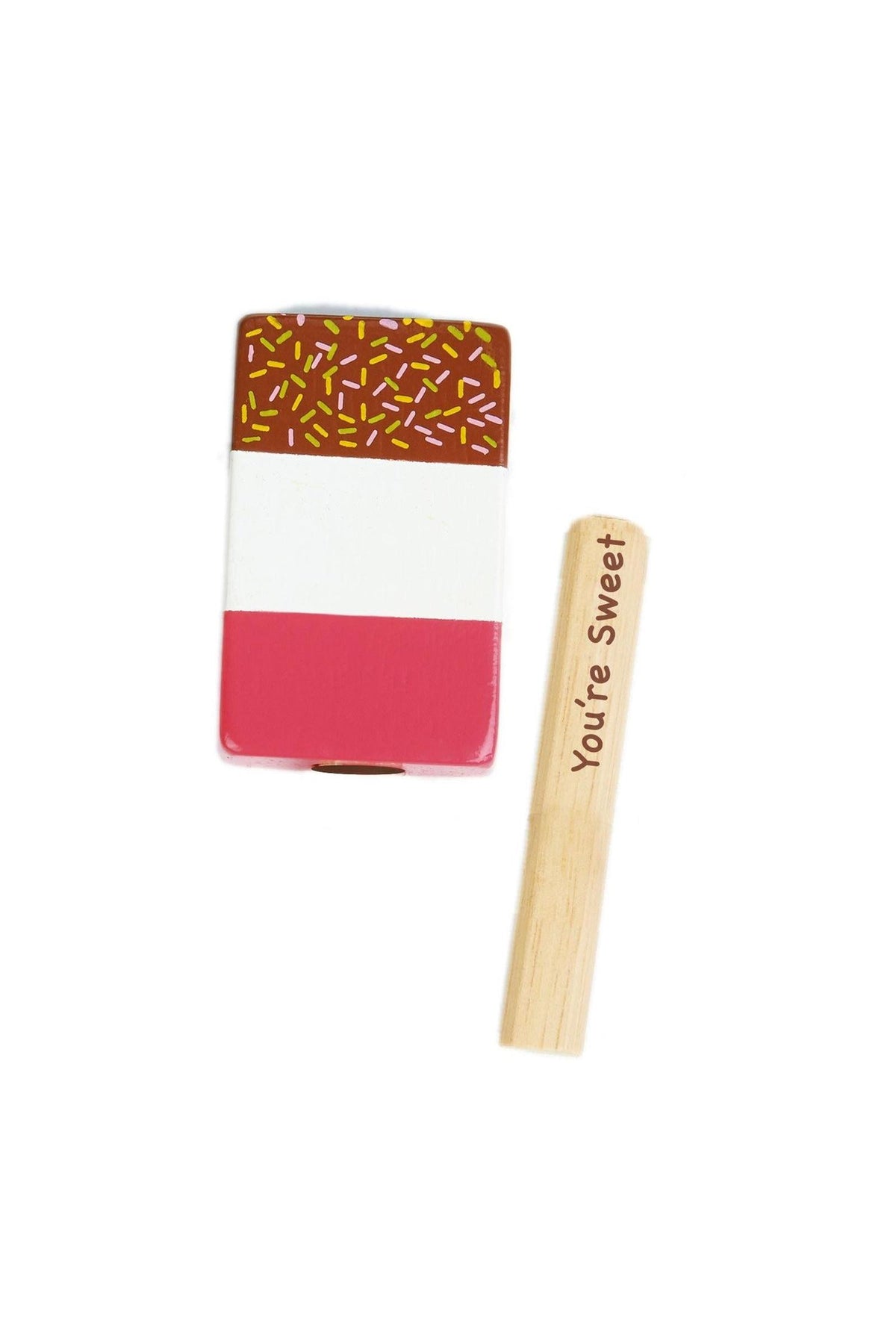 A colorful wooden ice lolly toy featuring chocolate sprinkles and a removable stick with Youre Sweet printed on it.