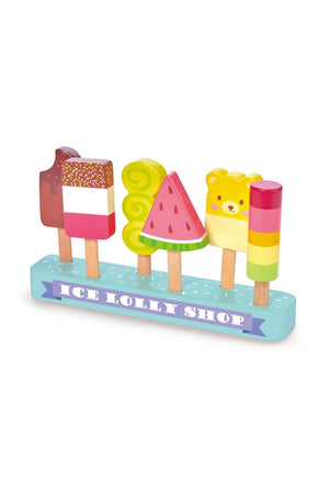 Colorful wooden ice lollies in various shapes, displayed on a light blue base labeled Ice Lolly Shop.