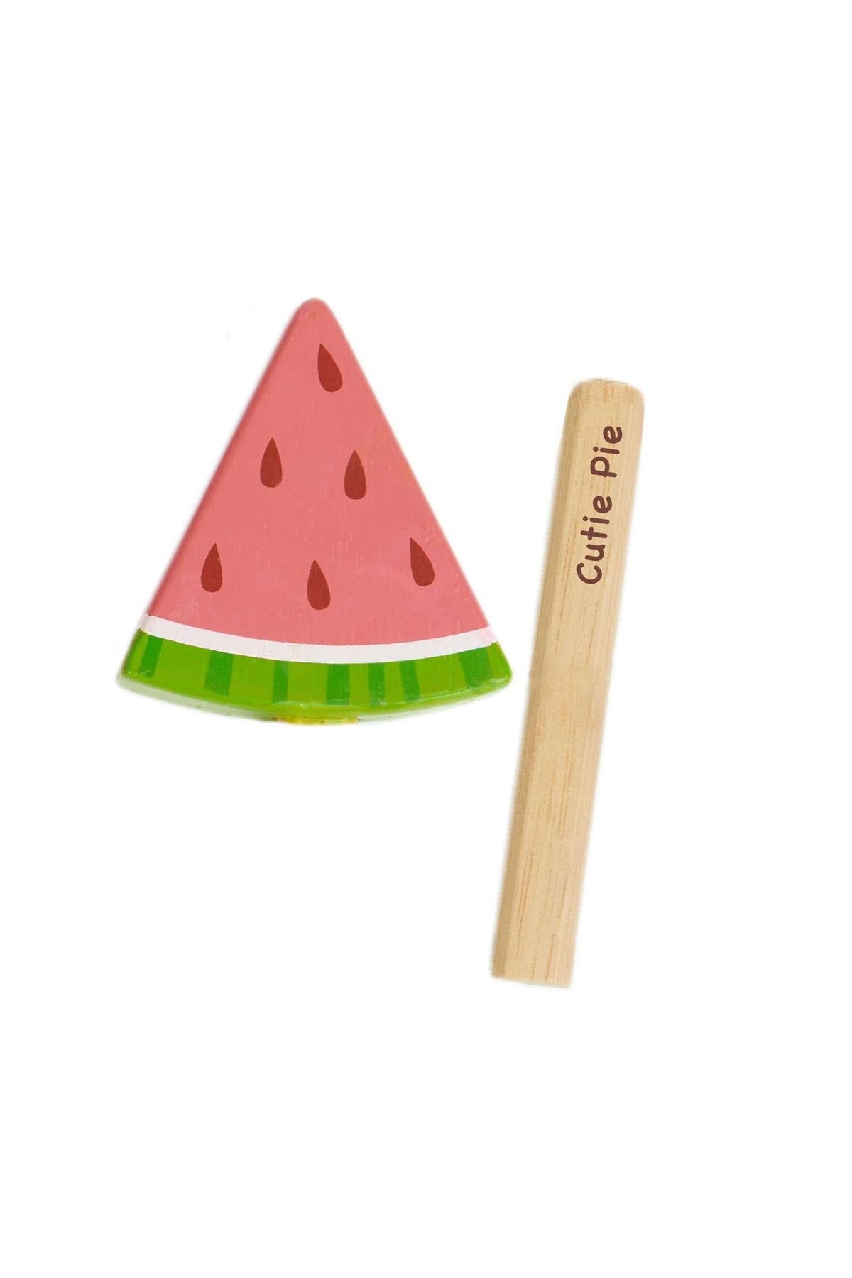 A colorful wooden watermelon slice toy in pink and green, accompanied by a removable stick labeled Cutie Pie.