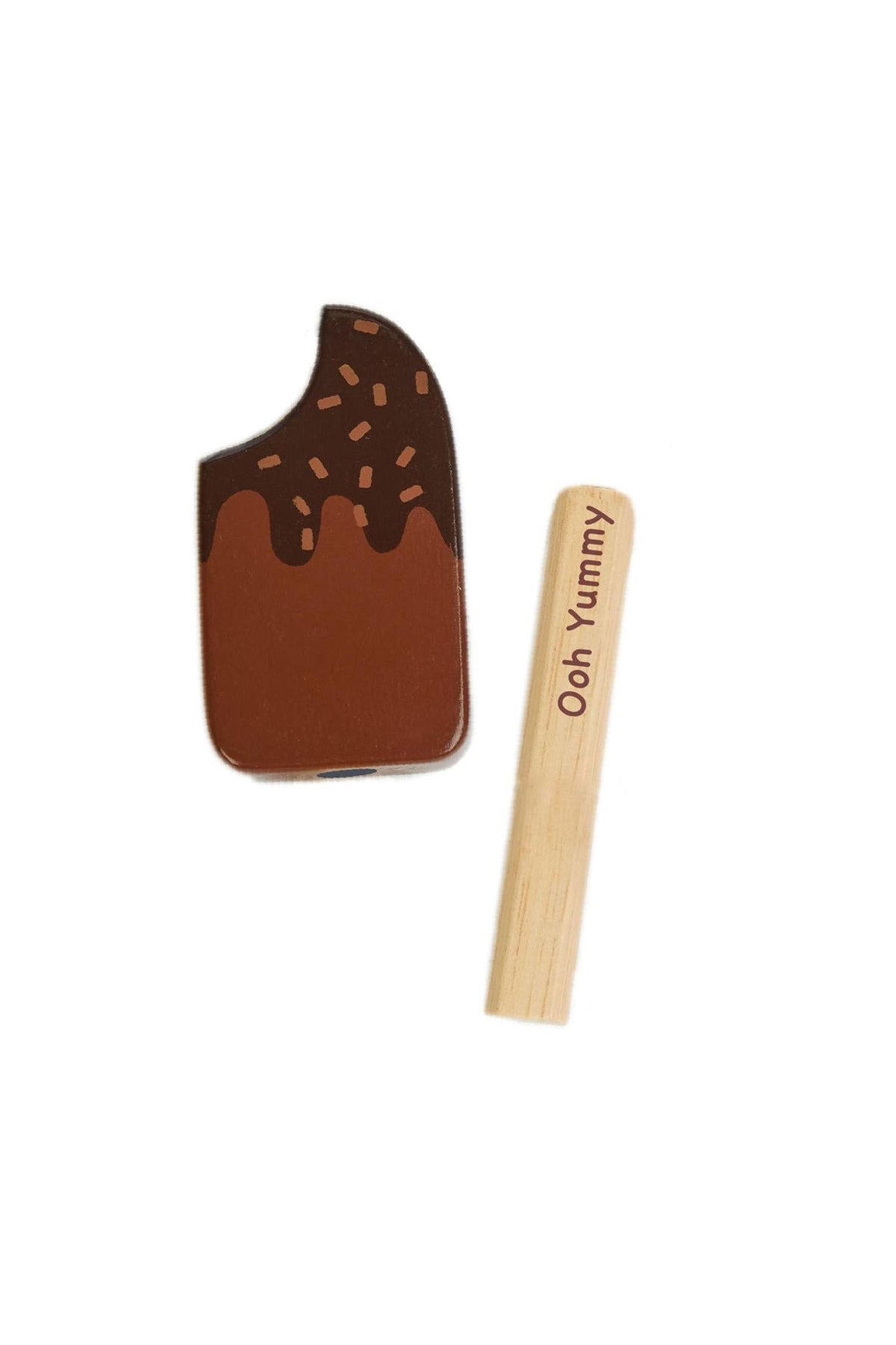 A chocolate-dipped ice lolly toy made from solid rubberwood, paired with a removable stick that reads “Ooh Yummy.”.