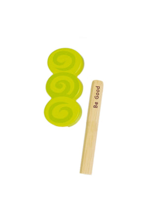 A vibrant green ice lolly with a spiral design and a removable wooden stick featuring the message Be Good.