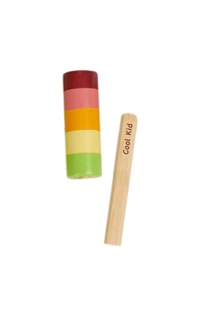A colorful, wooden ice lolly toy with six layers in vibrant hues, accompanied by a removable bamboo stick labeled Cool.