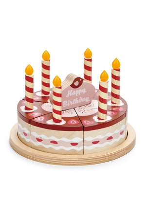 A wooden birthday cake toy featuring removable candles and a Happy Birthday sign, designed for imaginative play.