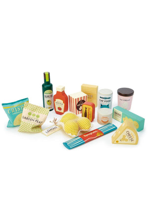 A colorful collection of wooden grocery items, including olive oil, ice cream, and cat food, designed for imaginative play.