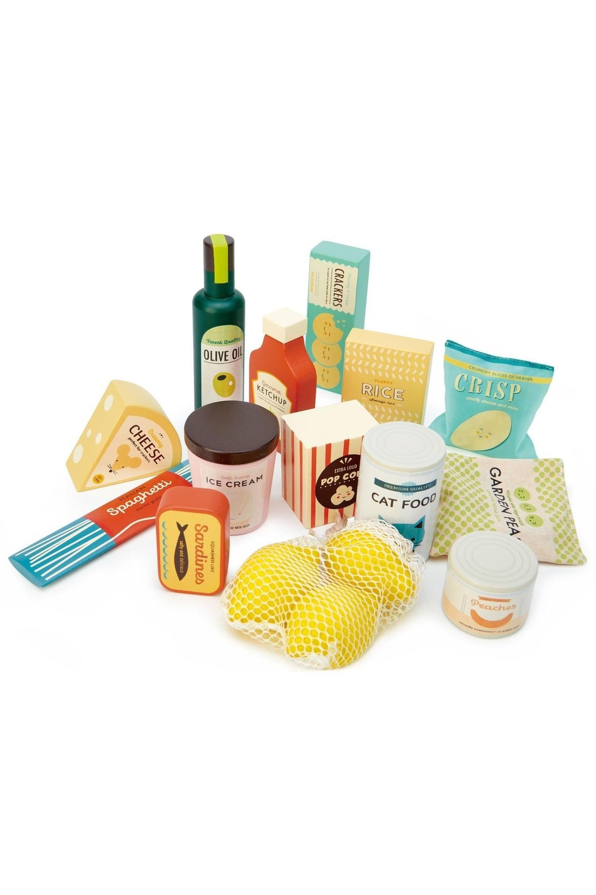 A colorful collection of Tender Leaf wooden grocery items, including ice cream, cheese, and olive oil, designed for imaginative play.