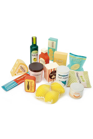 A colorful collection of Tender Leaf wooden grocery items, including ice cream, cheese, and olive oil, designed for imaginative play.