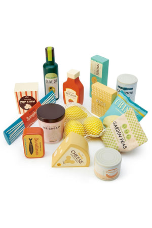 A colorful assortment of wooden grocery items, including an ice cream tub, cheese, and olive oil, designed for imaginative play.