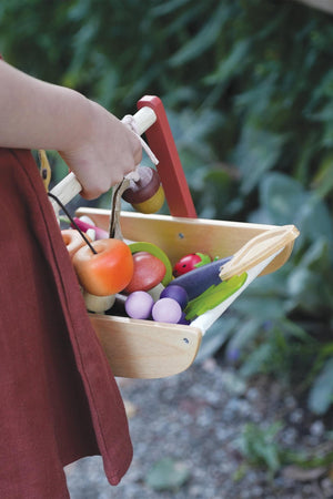 A child holds a wooden trug filled with colorful, realistic-looking fruits and vegetables against a lush green background.