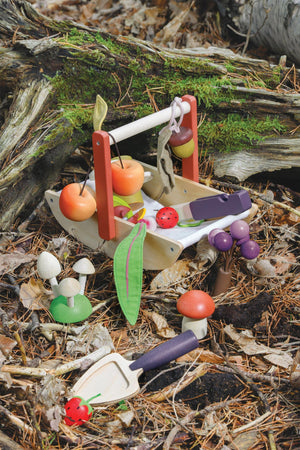 A wooden foraging trug filled with colorful toy fruits, mushrooms, and a gardening tool, set on a natural forest floor.