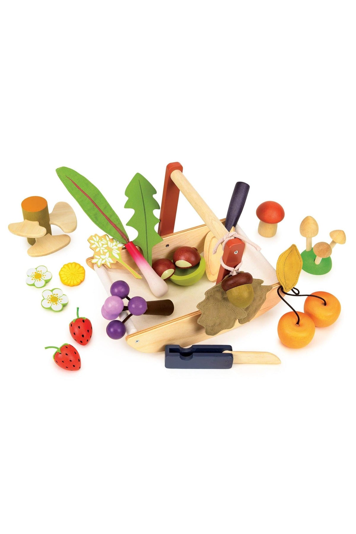 A colorful assortment of wooden fruits, vegetables, and tools is spread out, featuring organic shapes and bright designs for imaginative.