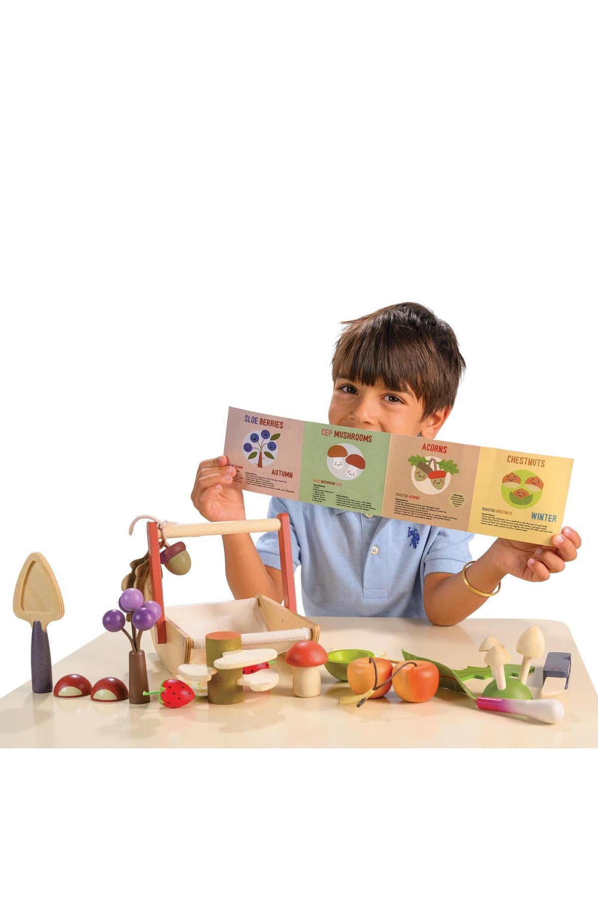 A young boy holds a colorful foraging guide while surrounded by various wooden fruits, mushrooms, and trees from Tender Leaf.