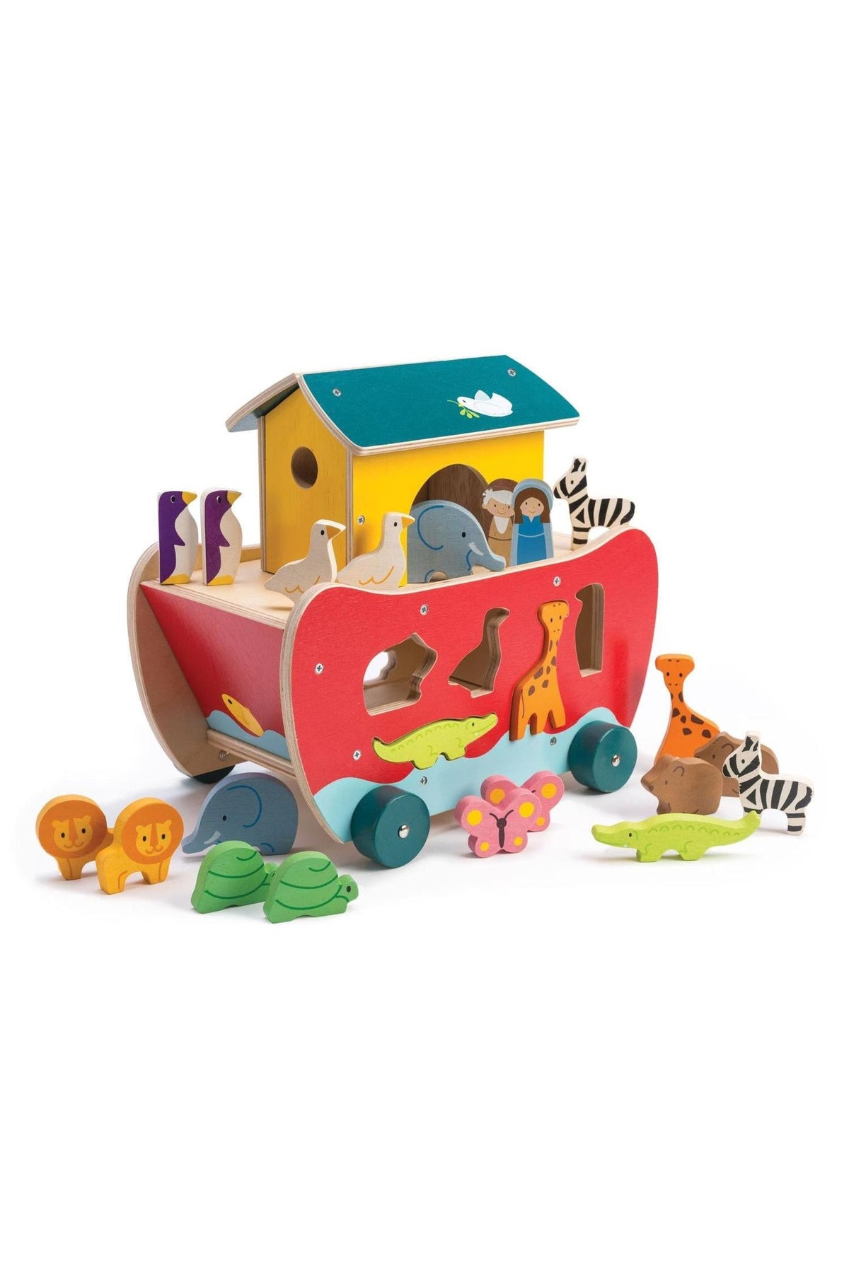 Colorful wooden toy Noah's Ark with animal figures on a white background