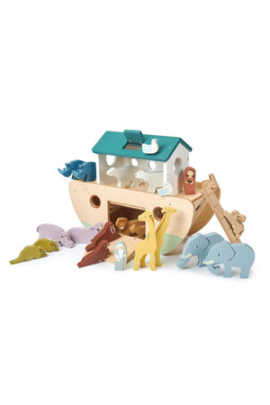 A colorful wooden ark with various animal figures, including giraffes and elephants, designed for imaginative play and eco-friendly fun.