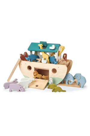 A colorful wooden ark filled with various animal figures, including elephants and lions, featuring an open hatch and ramp.