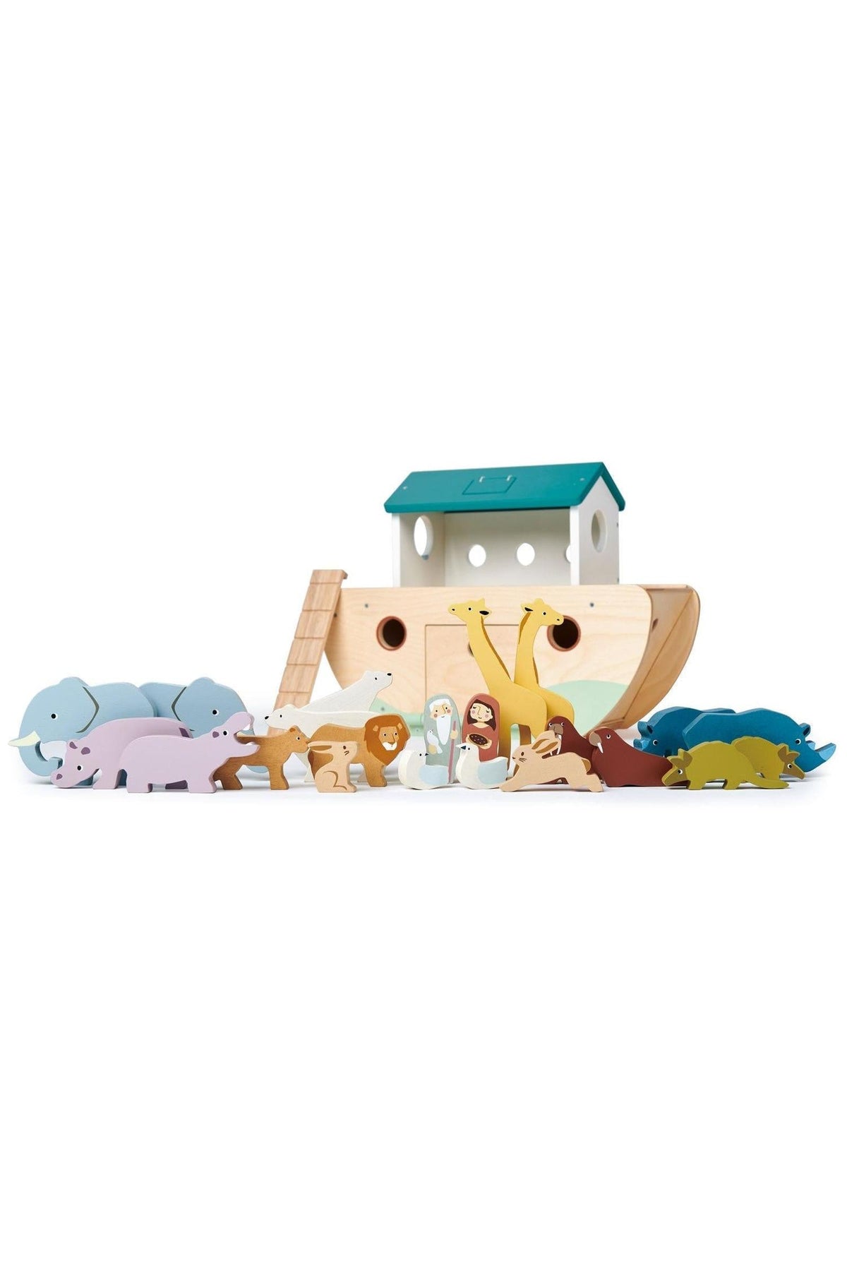 A colorful wooden ark with a teal roof, surrounded by various animal figures, including elephants, lions, and giraffes.