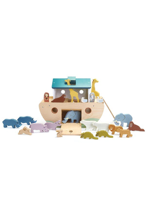 A colorful wooden ark with various animal figures, crafted from smooth wood and featuring child-safe paint. Ideal for imaginative play.