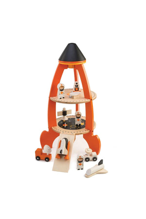 Colorful wooden rocket playset featuring astronauts, vehicles, and a launch pad, designed for imaginative play and exploration. Ideal for children.