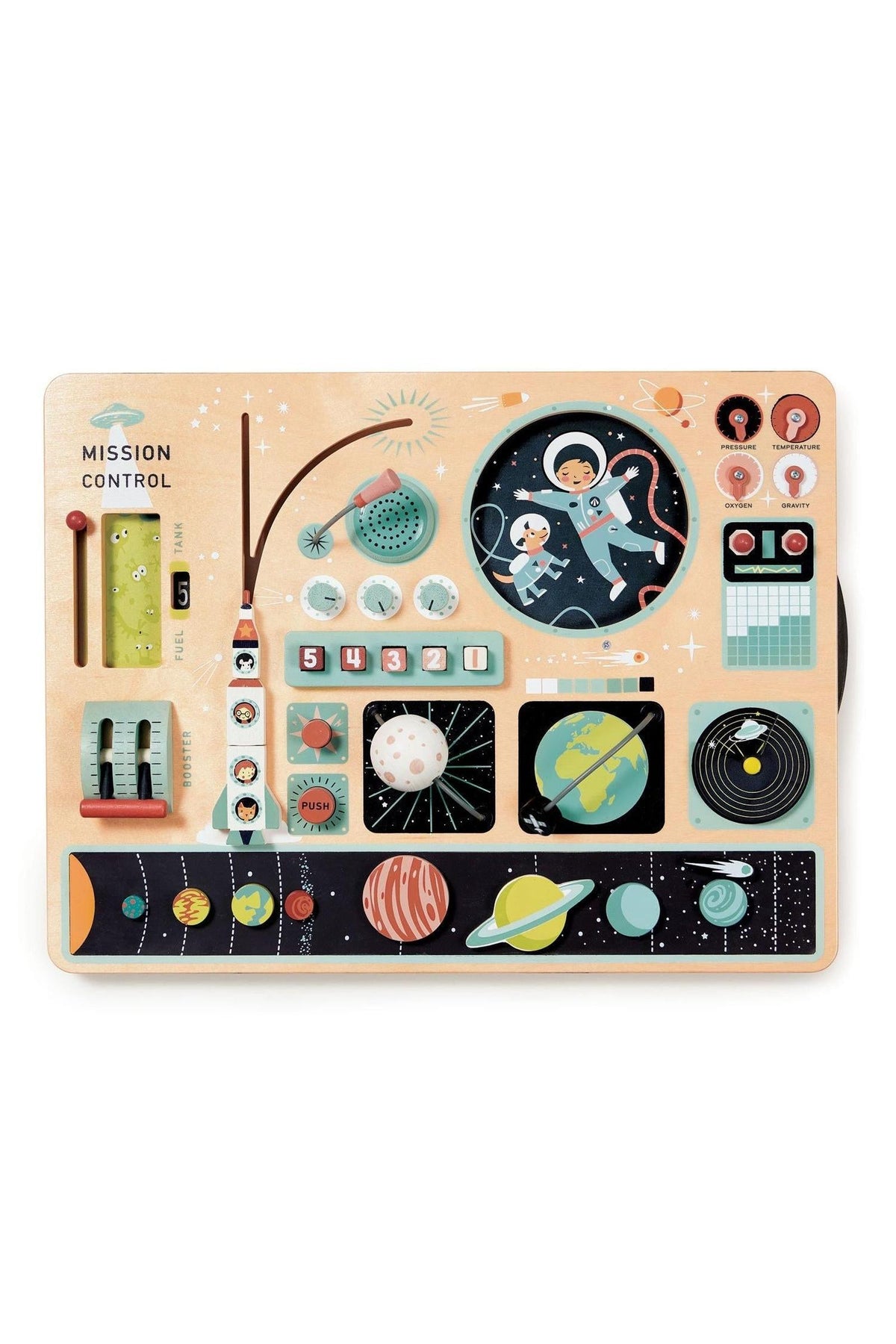 Colorful wooden space station activity board featuring illustrations of astronauts, planets, and interactive elements for imaginative play. Ideal for children.