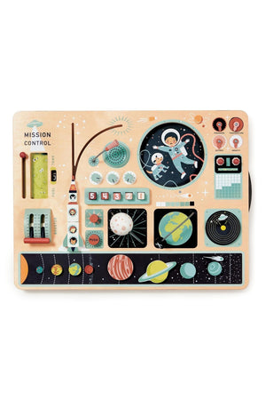 Colorful wooden space station activity board featuring illustrations of astronauts, planets, and interactive elements for imaginative play. Ideal for children.