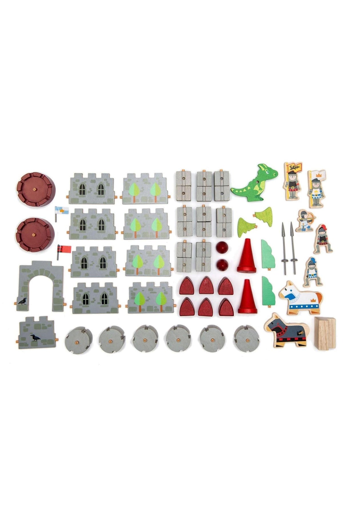 A colorful set of Tender Leaf Wooden Toys featuring castle pieces, soldiers, a baby dragon, and accessories for imaginative play.
