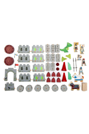 A colorful set of Tender Leaf Wooden Toys featuring castle pieces, soldiers, a baby dragon, and accessories for imaginative play.