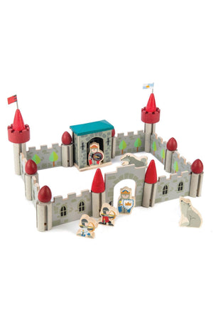 A colorful wooden castle set features red towers, a blue roof, and wooden soldiers, encouraging imaginative play for children.