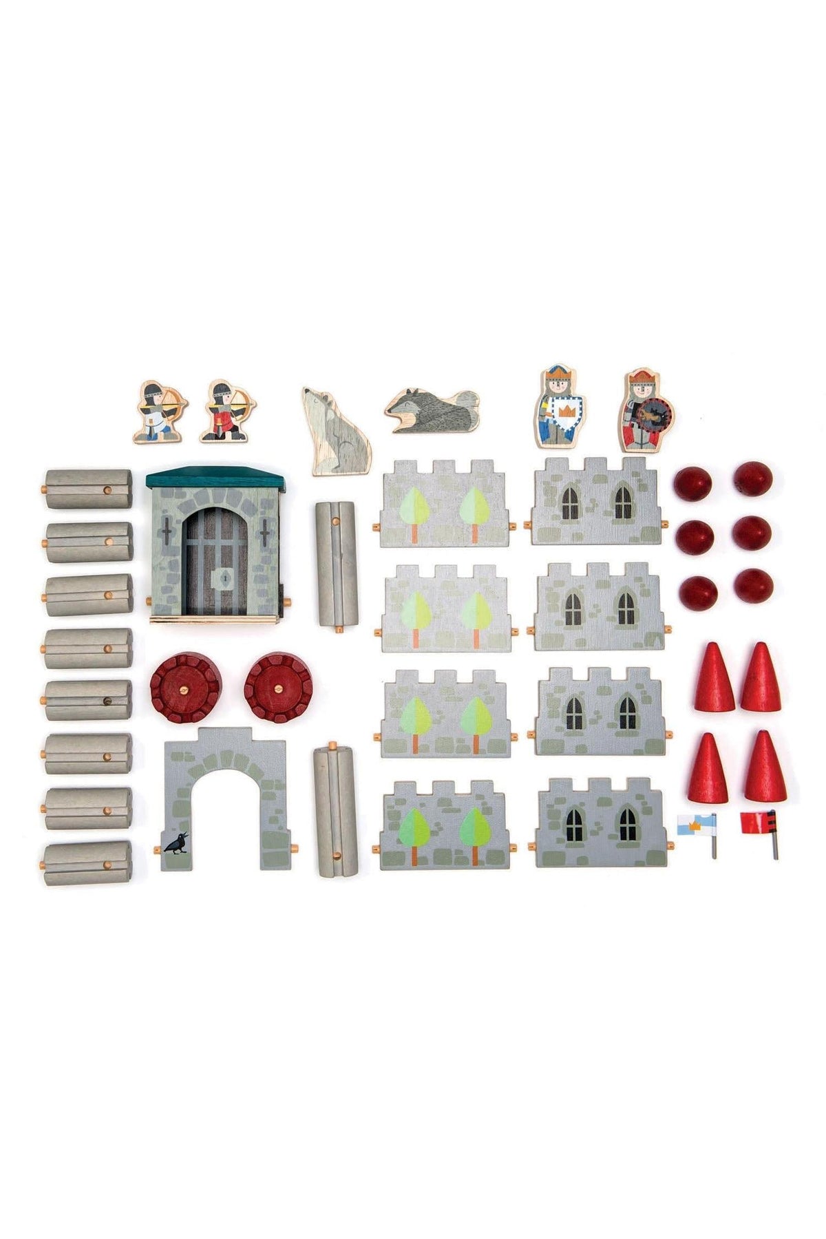 A colorful assortment of wooden castle building pieces, including soldiers, walls, trees, and accessories, arranged neatly on a white background.